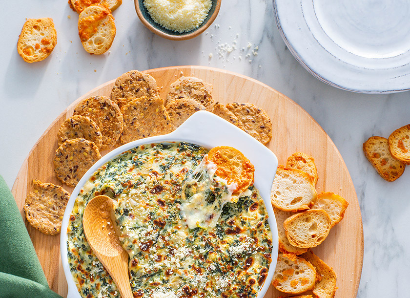 Savoury Parmesan, Spinach and Artichoke Dip with Parmesan Cracker